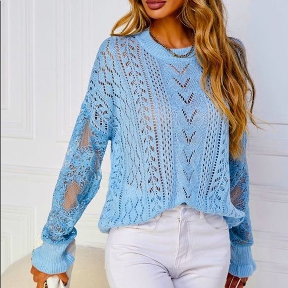 HP!! 💜💜 NWT! CONTRAST LACE POINTELLE KNIT DROP SHOULDER SWEATER IN BABY BLUE! - Picture 2 of 11